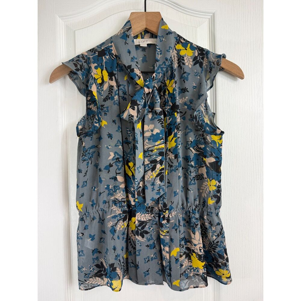 LOFT Petite Floral Tie Neck Sleeveless Blouse Women’s XSP Blue Yellow Top